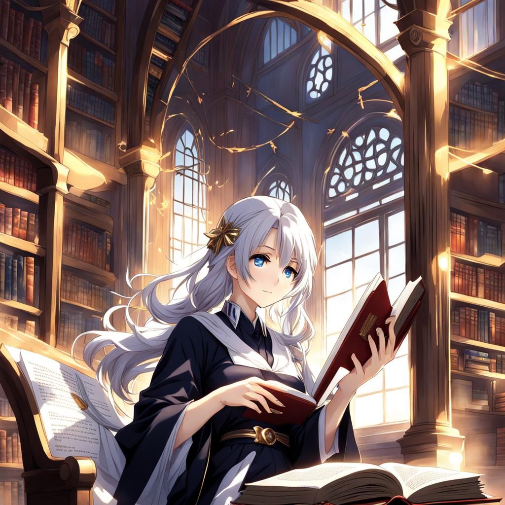 Anime Goddess Reading in Library Window