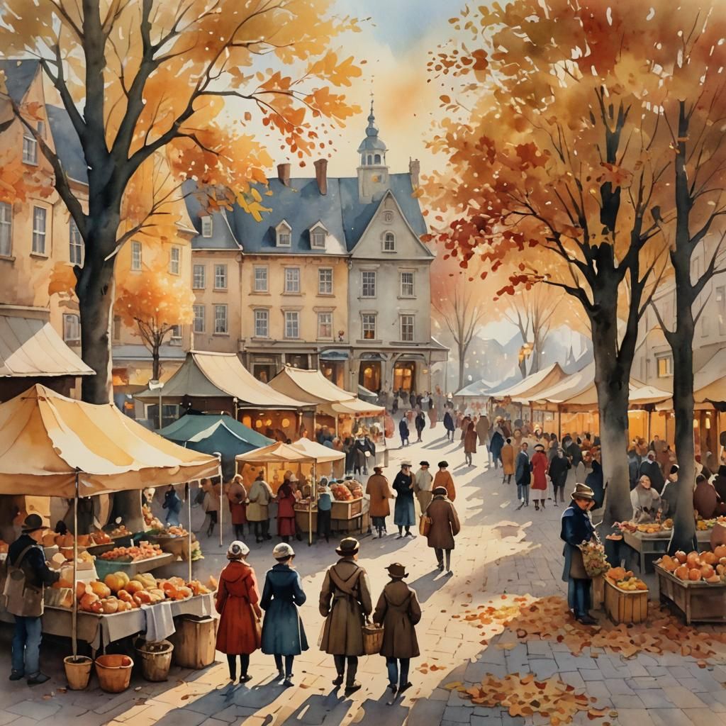 Quaint 1700's Town Square in Watercolor Style