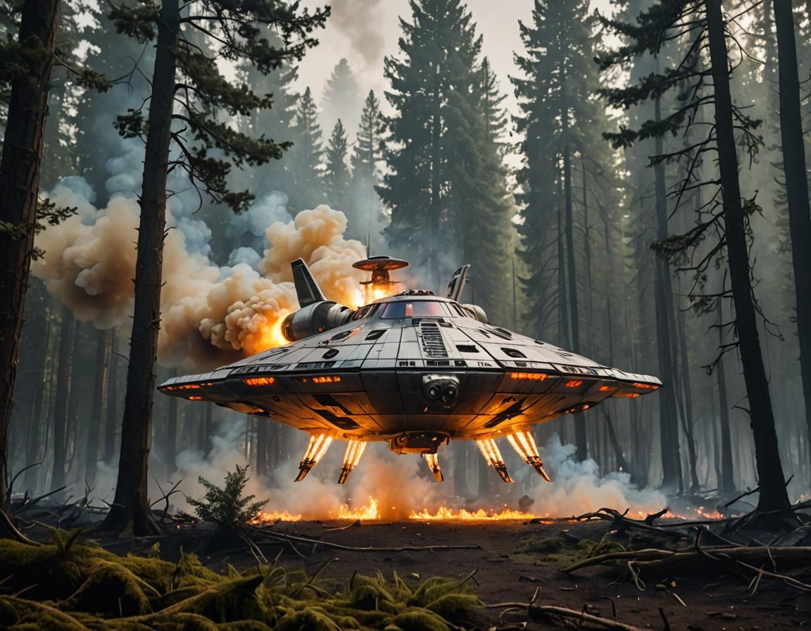 Spaceship Landing in Forest with Smoke and Flames