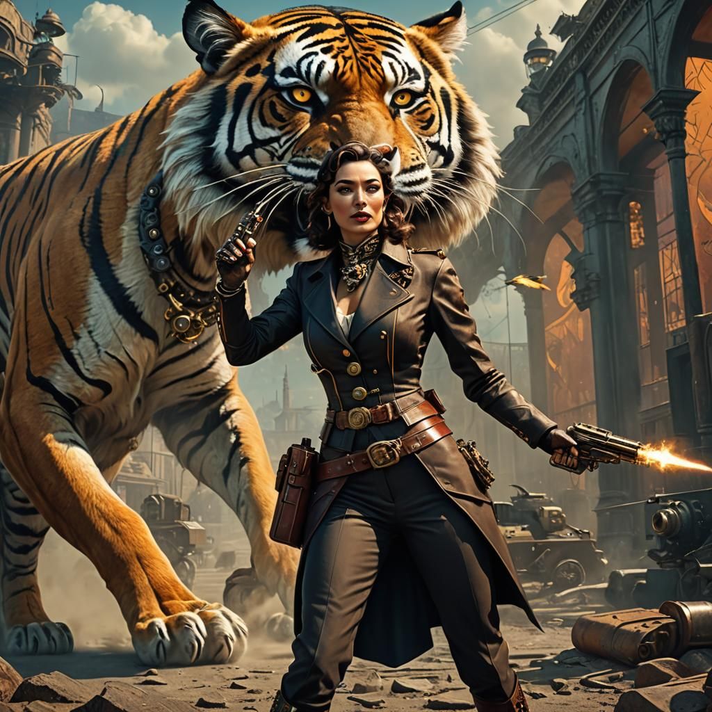 Steampunk Woman and Tiger in Surreal Dali Style