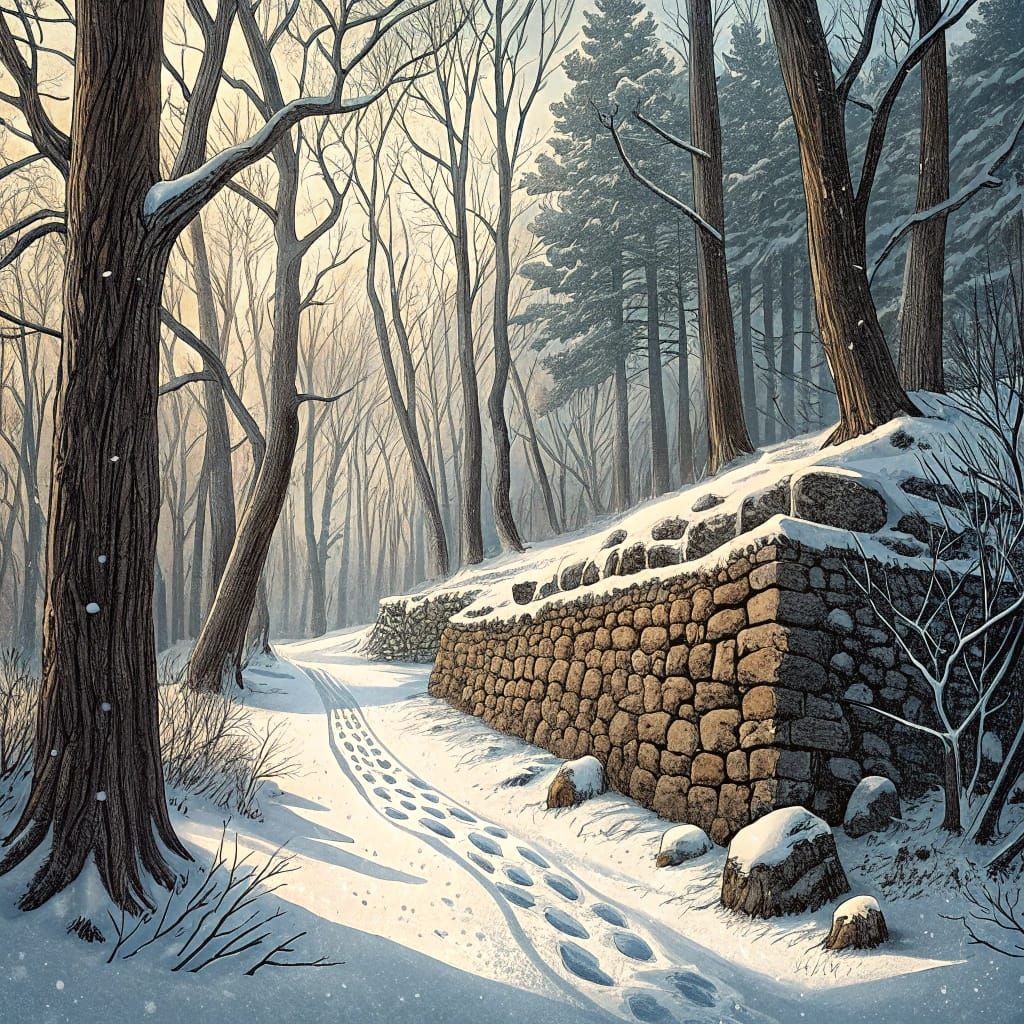 Winter Forest: Woodcut of Stone Wall in Snow
