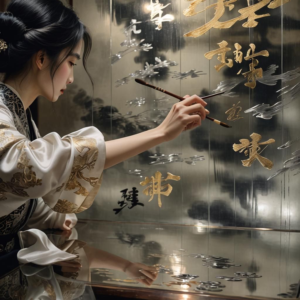 Elegant Calligraphy on Antique Mirror in WLOP Style