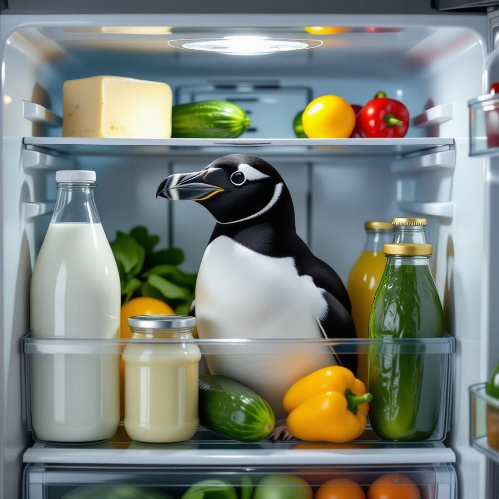 Great Auk Hiding in Fridge: Photorealistic Image