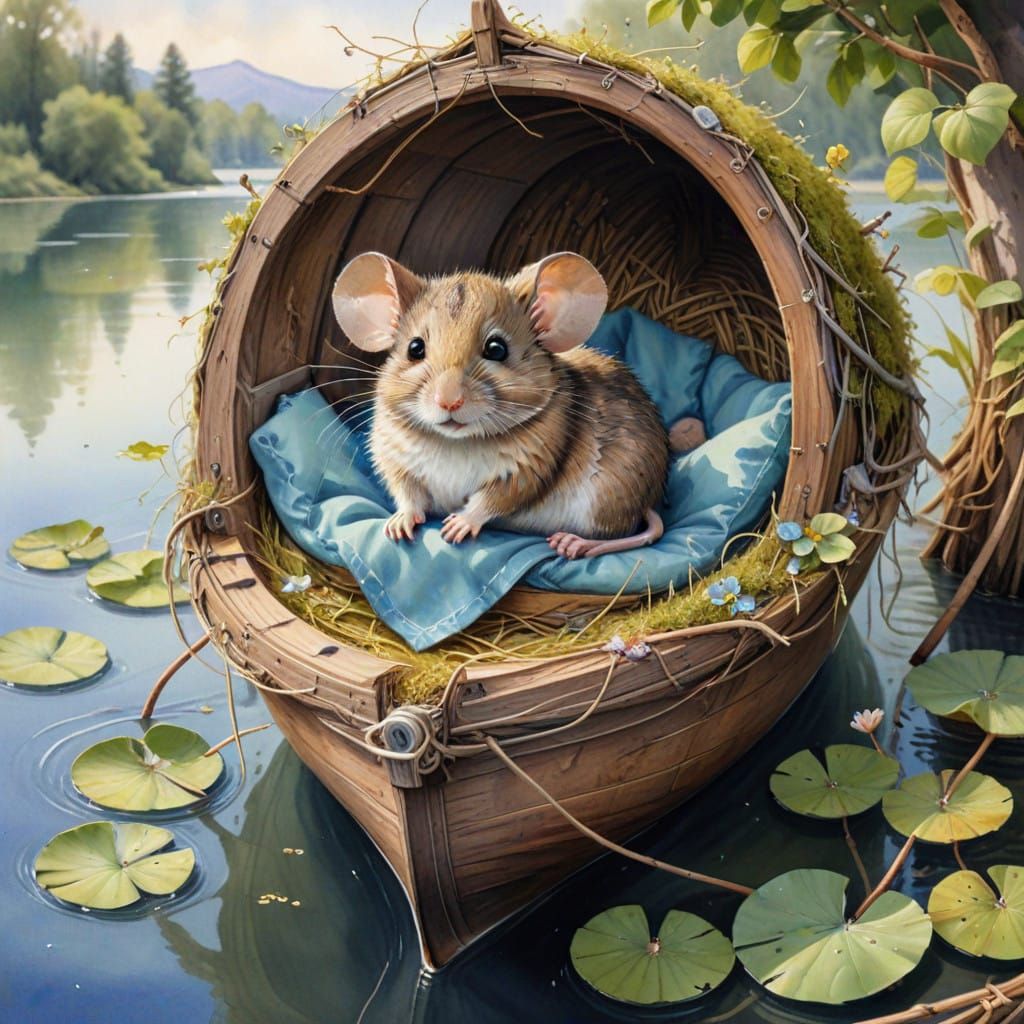Enchanted Lake Scene with a Mouse in a Boat