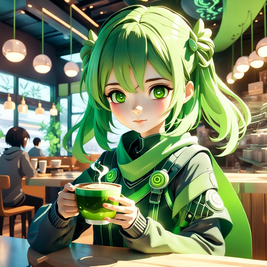 Anime Girl with Matcha Coffee in Futuristic Cafe