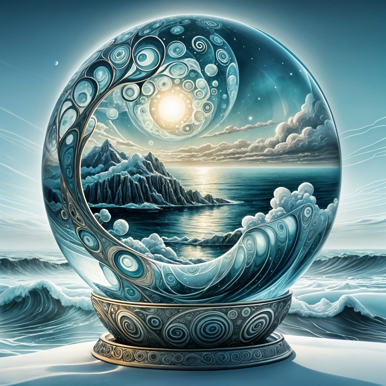 Glass Orb Above Winter Ocean: Surreal 3D Art