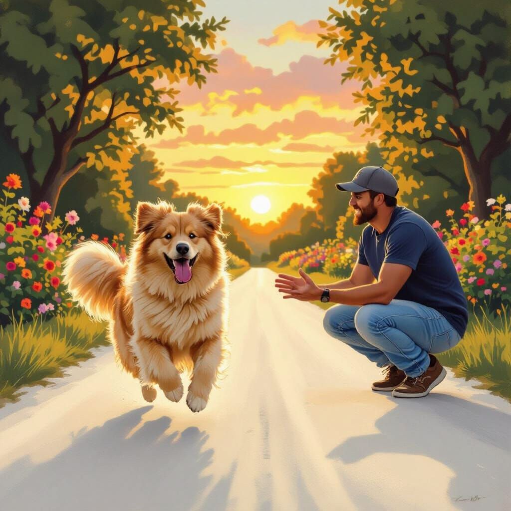 Dog's Joyful Reunion in Nostalgic Landscape Painting