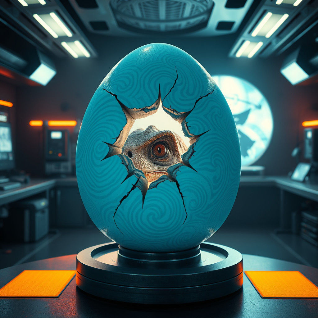 Velociraptor Hatching in Futuristic Lab
