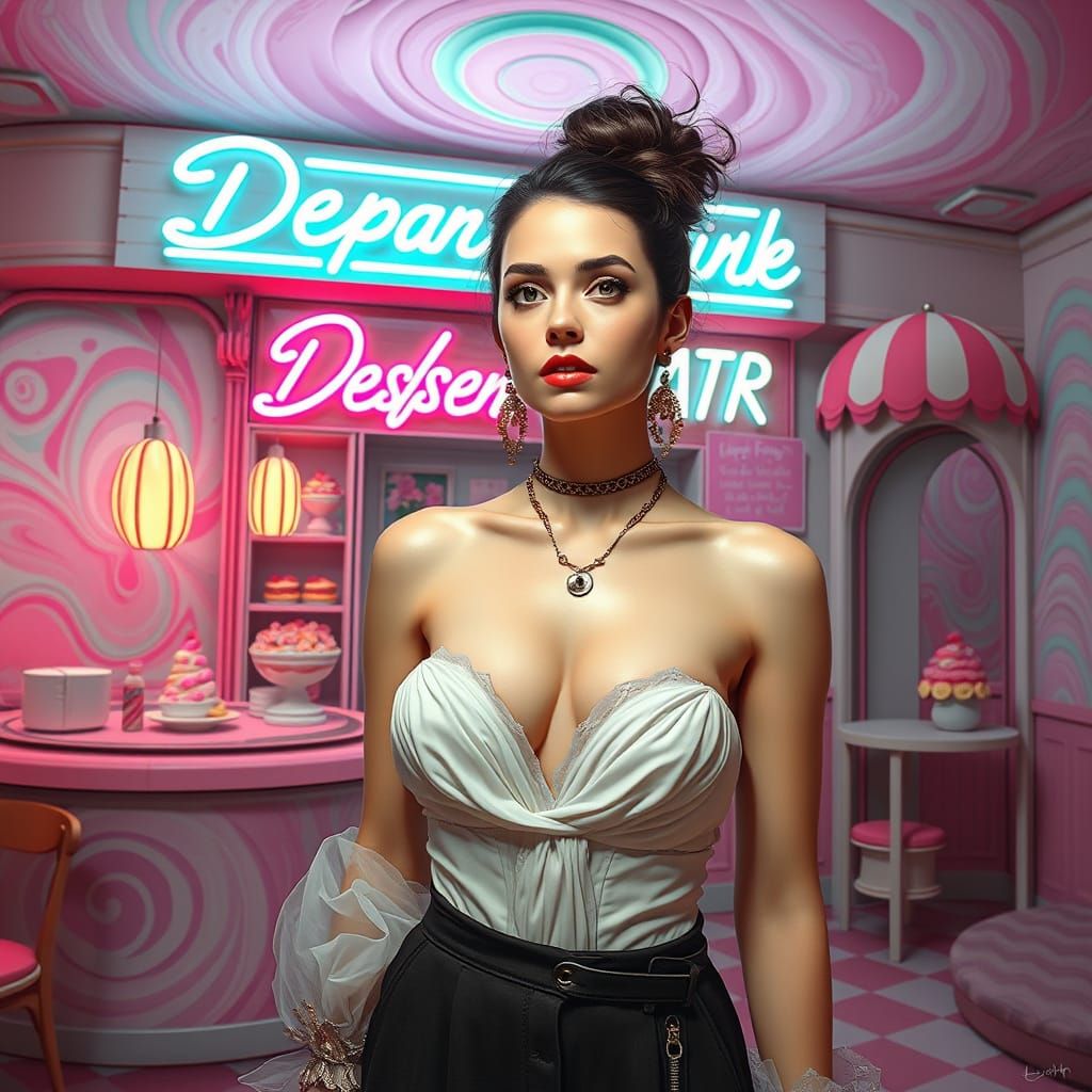 Woman Before Interdimensional Dessert Shop in Digital Art St...