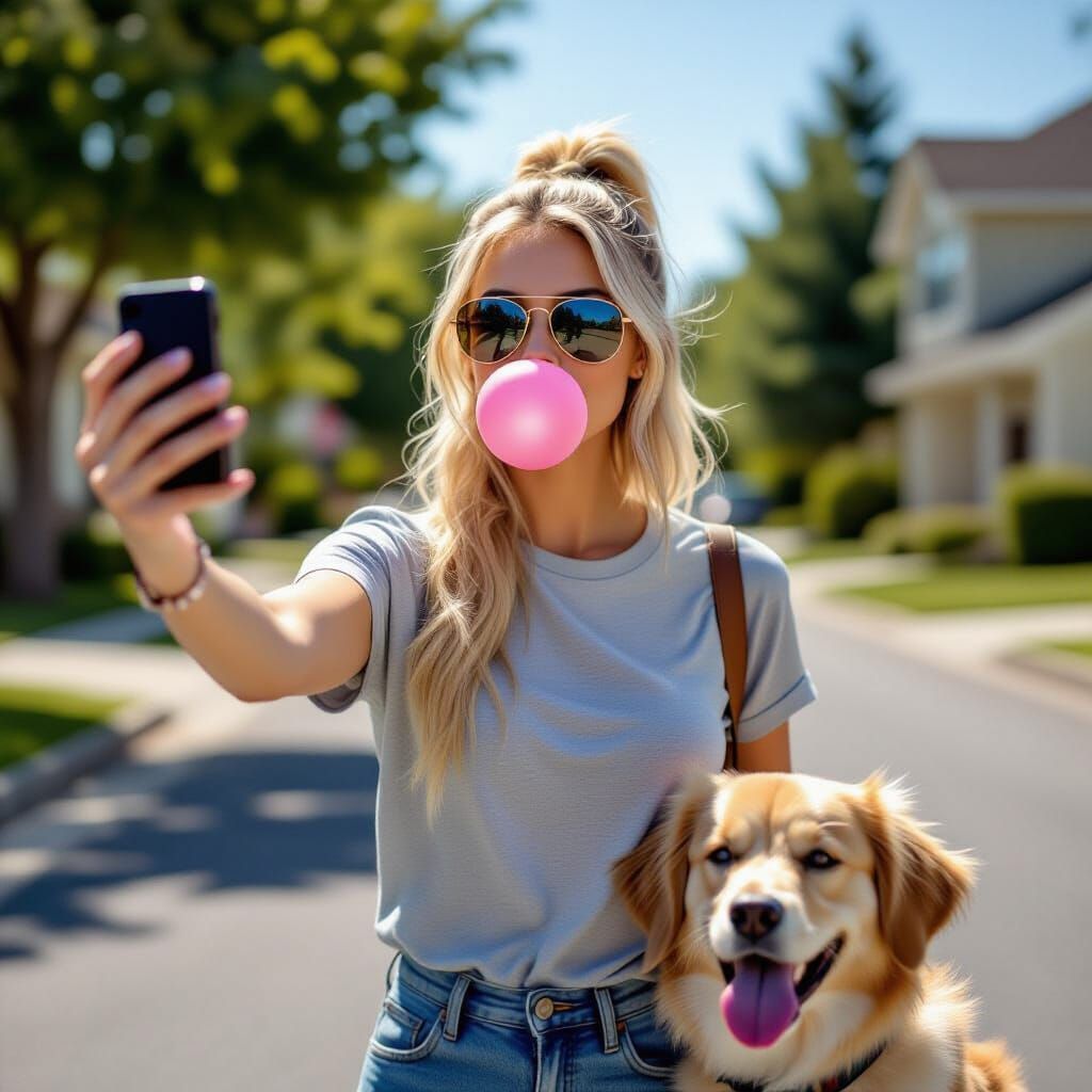 Woman Blowing Bubblegum Selfie on Suburban Street
