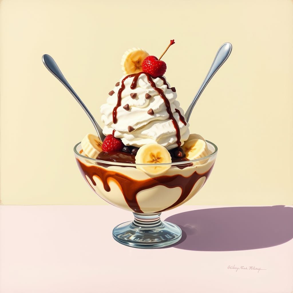 Banana Split Sundae in Wayne Thiebaud Style