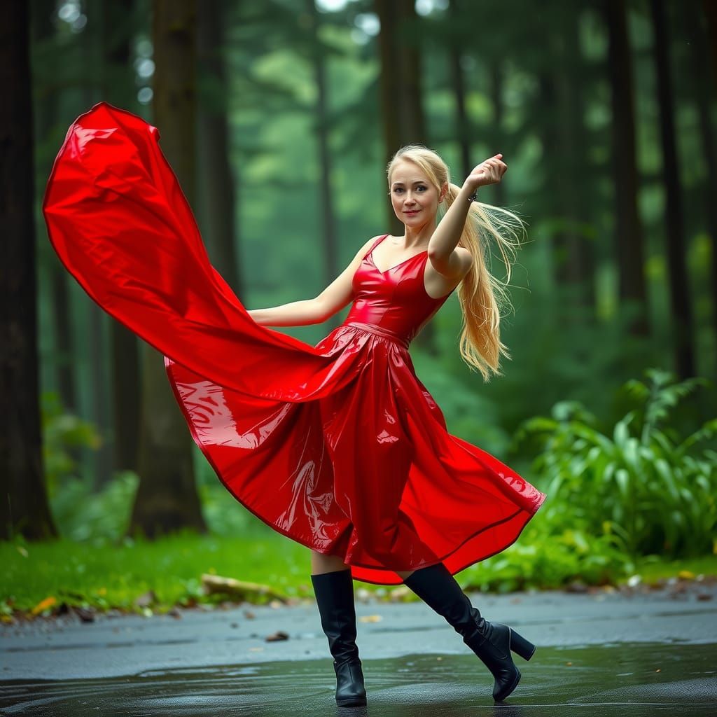 Blonde Woman in Red Dress Dancing in Rainy Forest