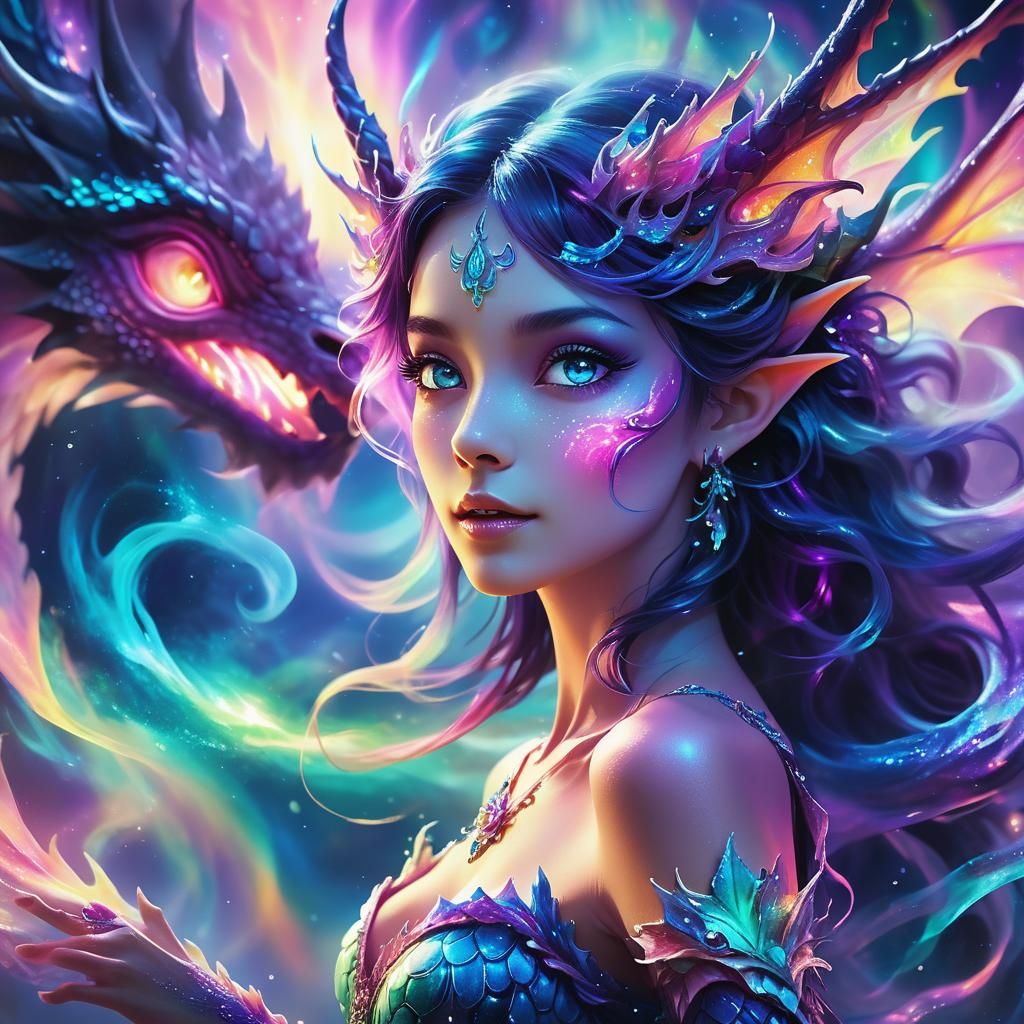 Fairy Projecting Dragon in Post-Impressionist Style