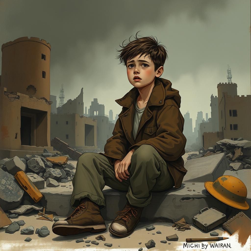Boy Amidst War Ruins: Somber, Gritty Illustration