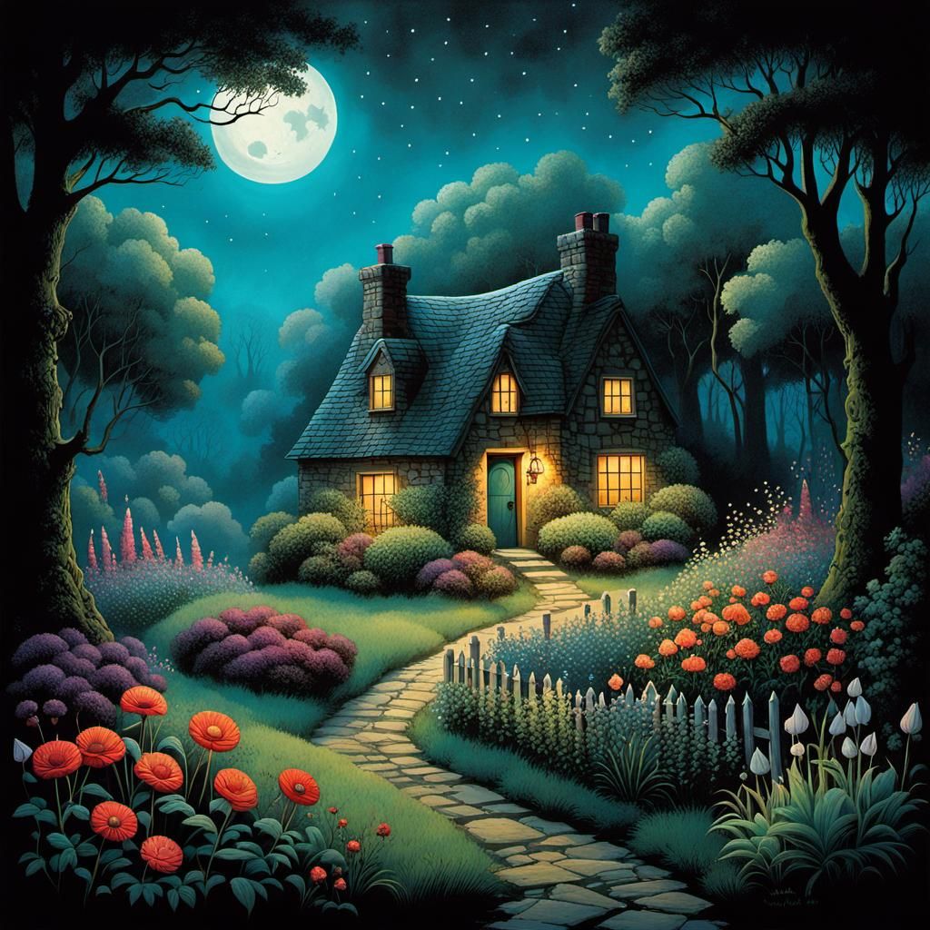 Misty Night Garden Cottage: Graphic Novel Illustration