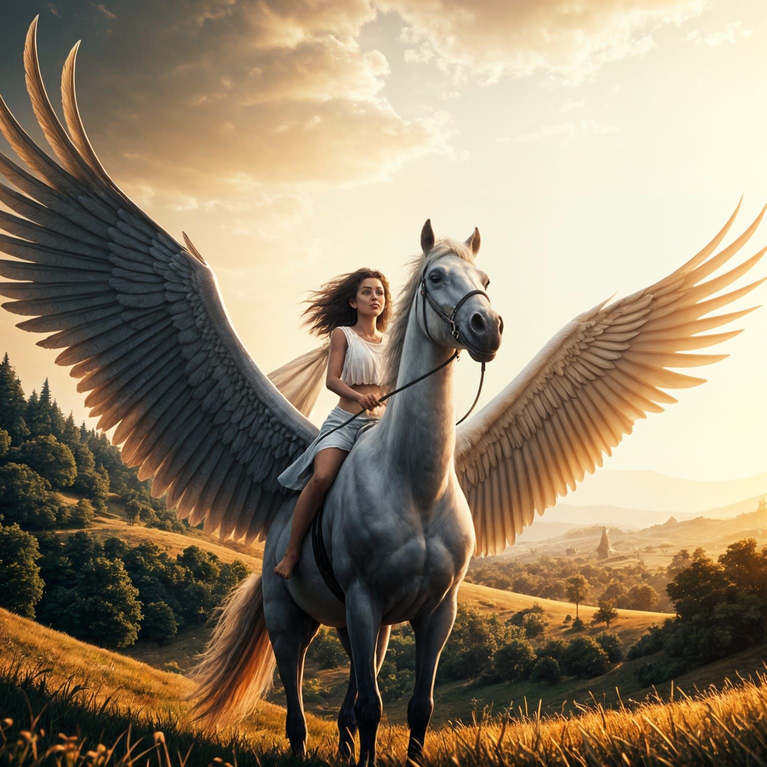 Girl Riding a Winged Horse in a Desert Storm, Cyberpunk-Insp...