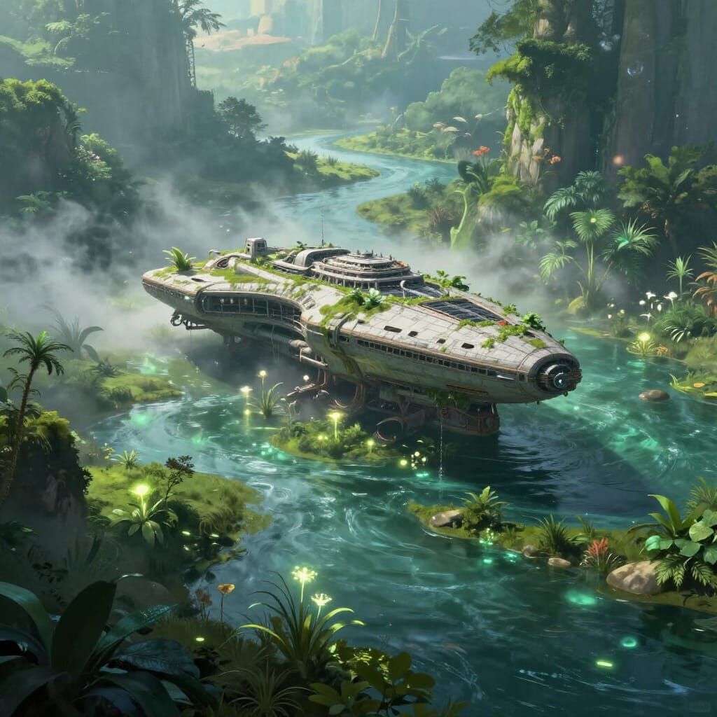 Ancient Spaceship in Mystical River Fantasy Art