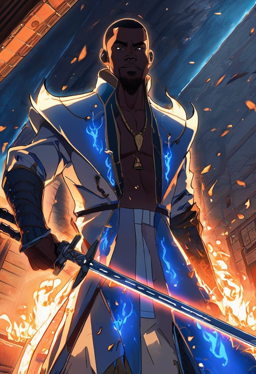 Heroic Warrior Basks in Radiant Blue Flames