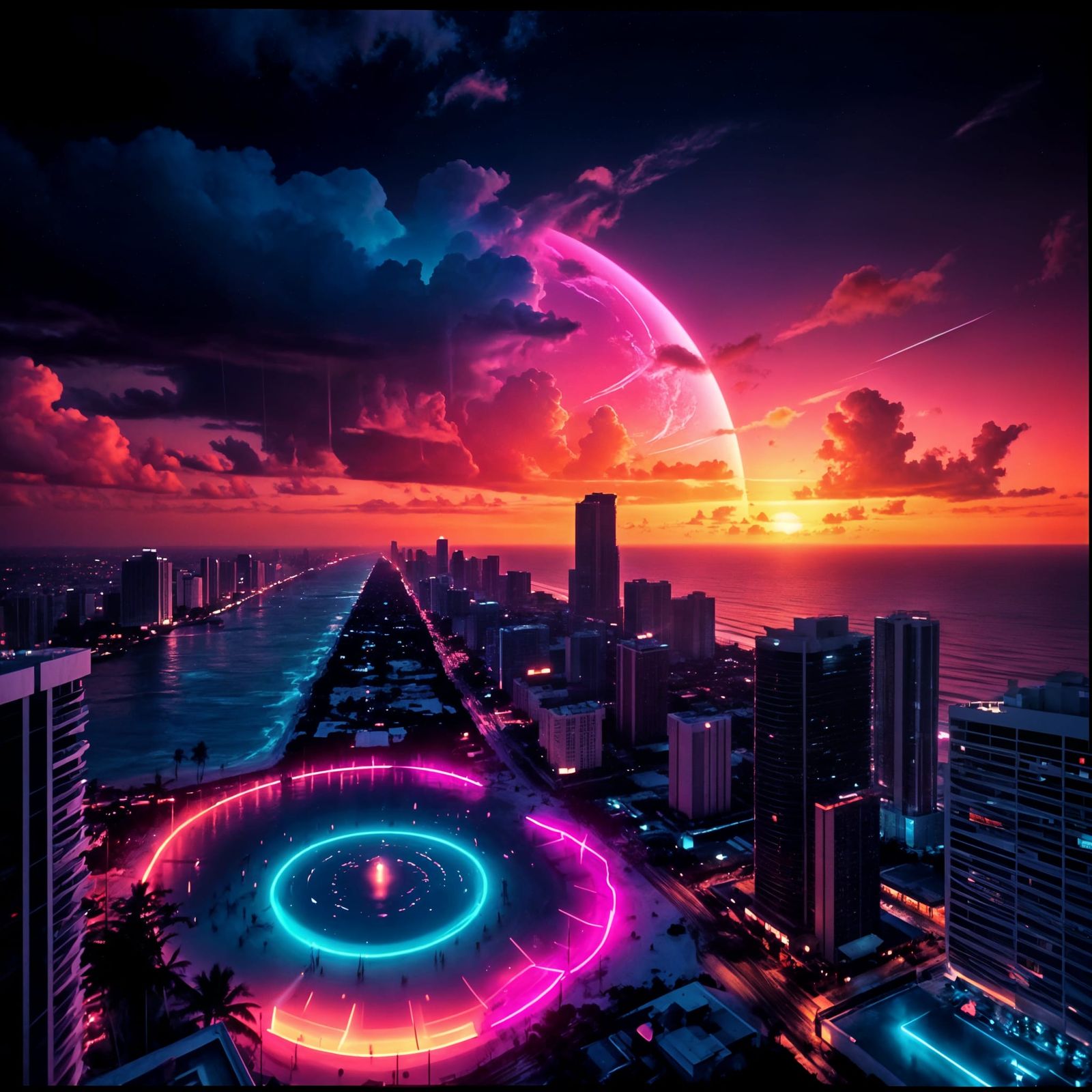 Vibrant Neon Sunset in Retro Miami
