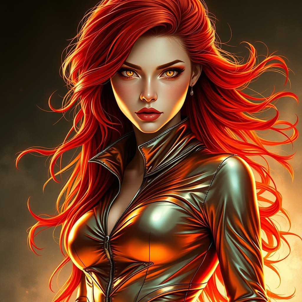 Sultry Ruby-Haired Rebel Woman in Metallic Jumpsuit
