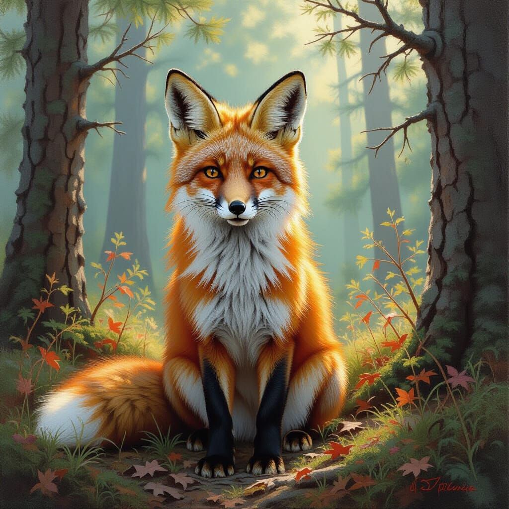 Red Fox in Forest: Oil Painting