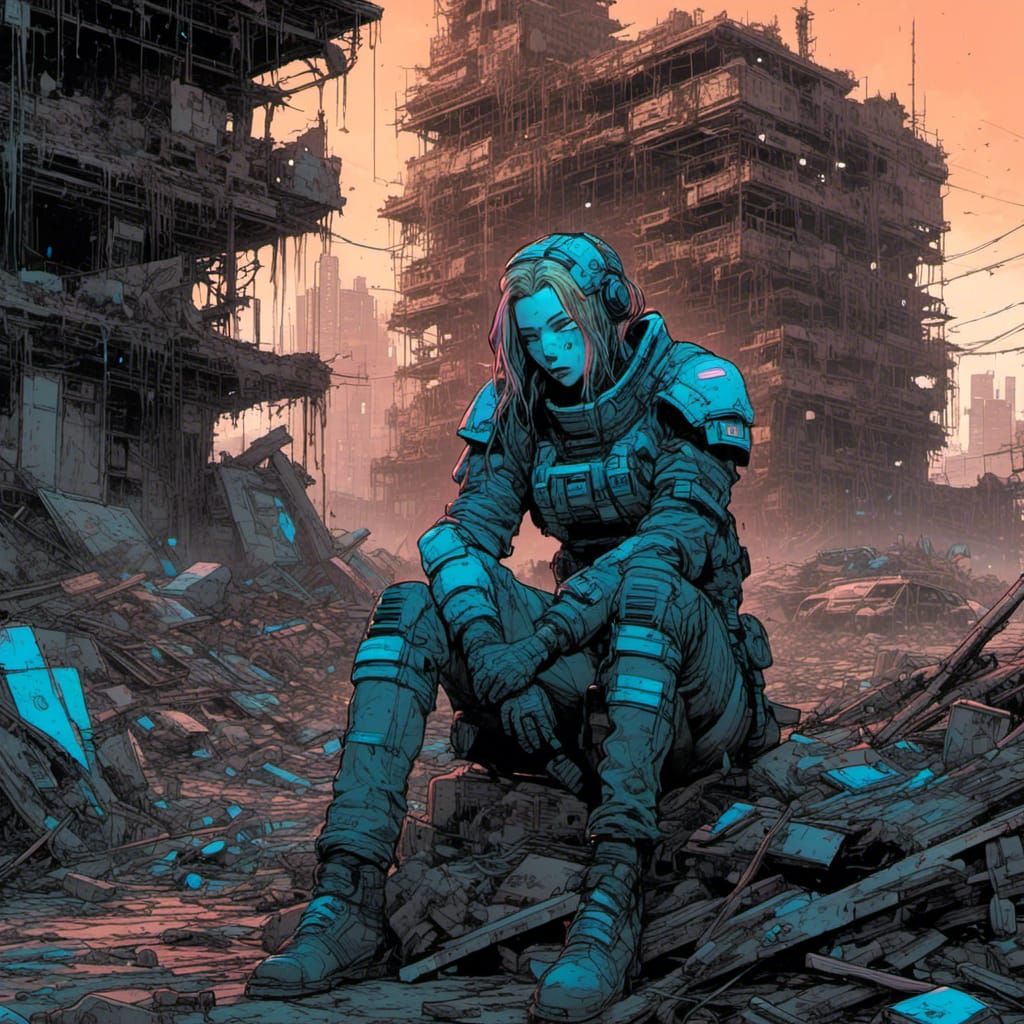 Cyborg's Tears: A Portrait of Ruin in Cyberpunk Style
