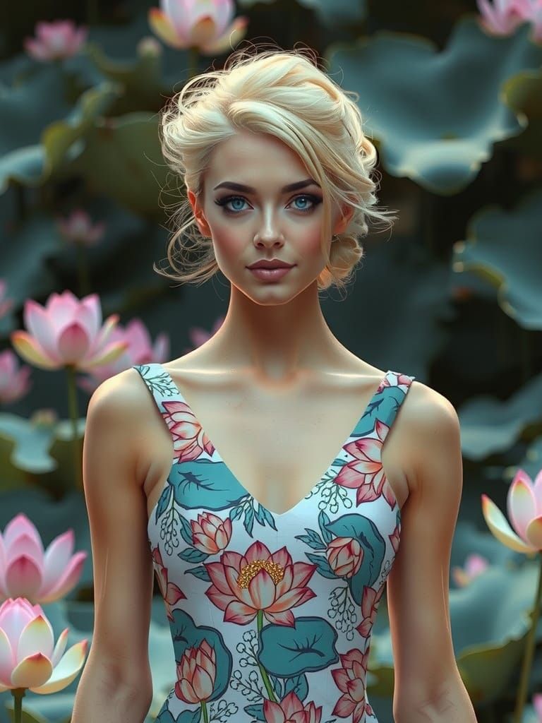 Blonde Woman in Haute-Couture Lotus Dress