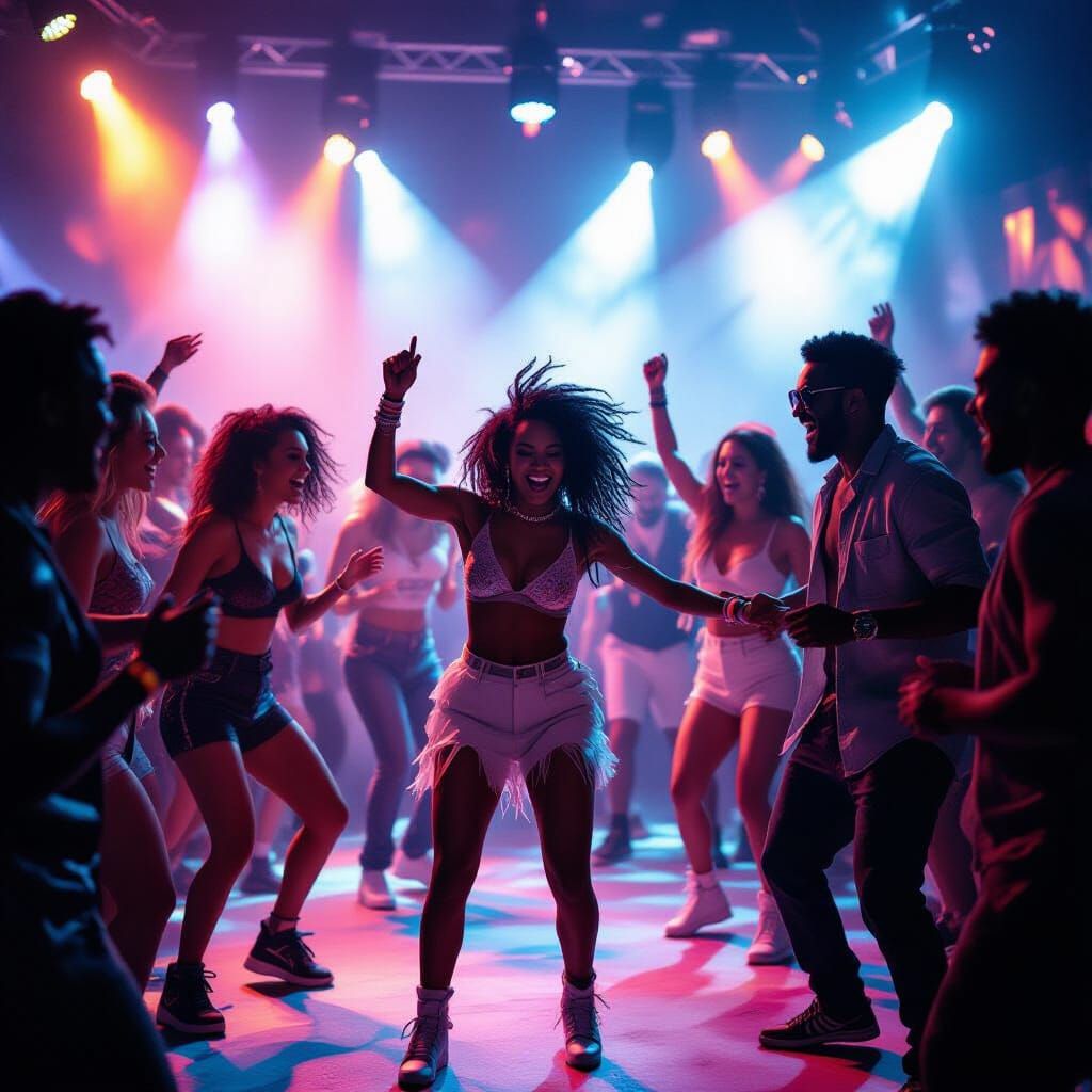 Energetic Rave Party Scene with Diverse Dancers