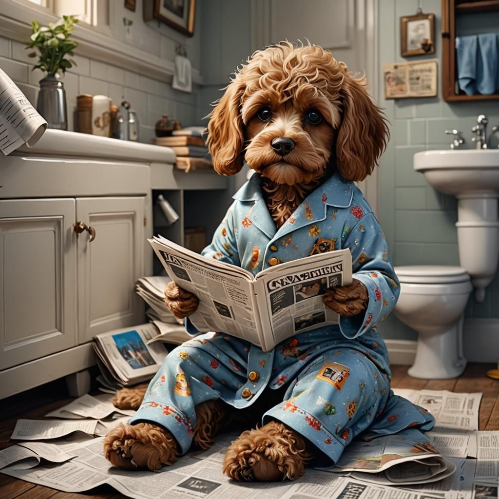 Cavapoo Puppy Reads Newspaper: Detailed Digital Painting