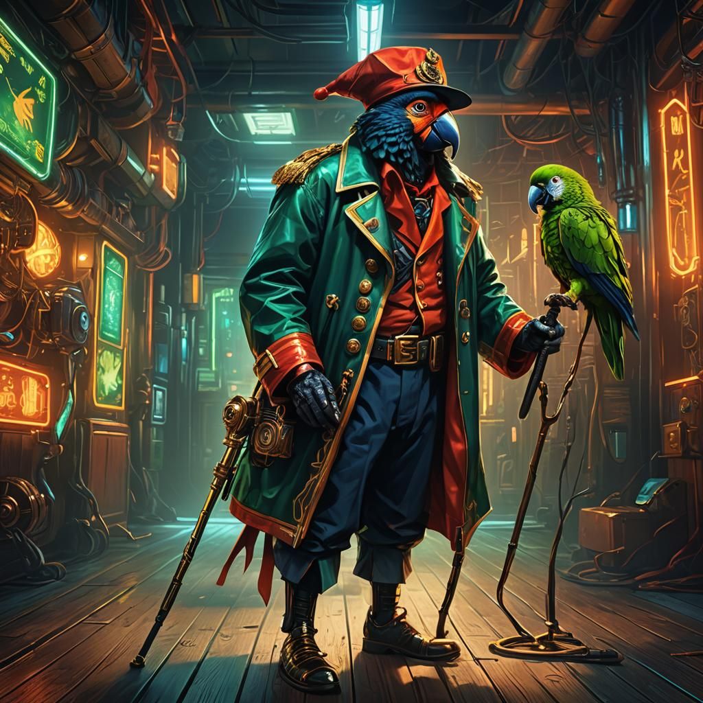 Sci-Fi Sailor with Parrot in Cyberpunk Style