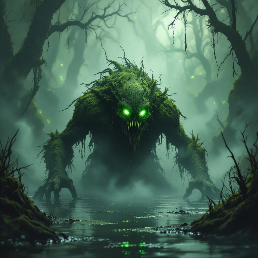 Moss Creature Emerges From Dark Swamp