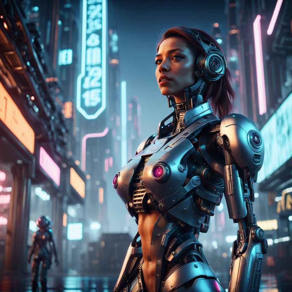 Android Woman in Cyberpunk Cityscape: 3D Art