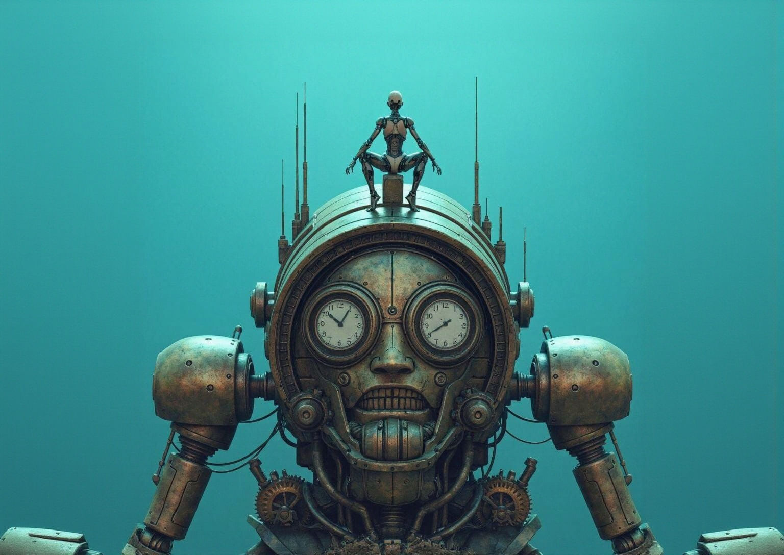 Female Robot on Ancient Clockwork Automaton in Moebius Style