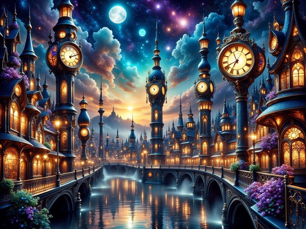 Clock Towers Illuminate Midnight Cityscape, Fantasy Art