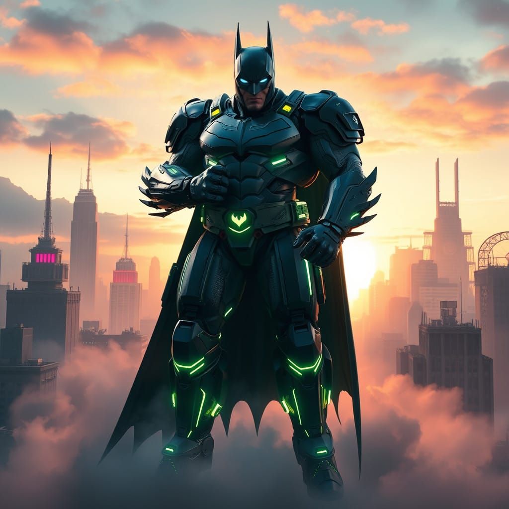 Giant Futuristic Hero in Ballistic Armor Suits Up in Neon Ci...