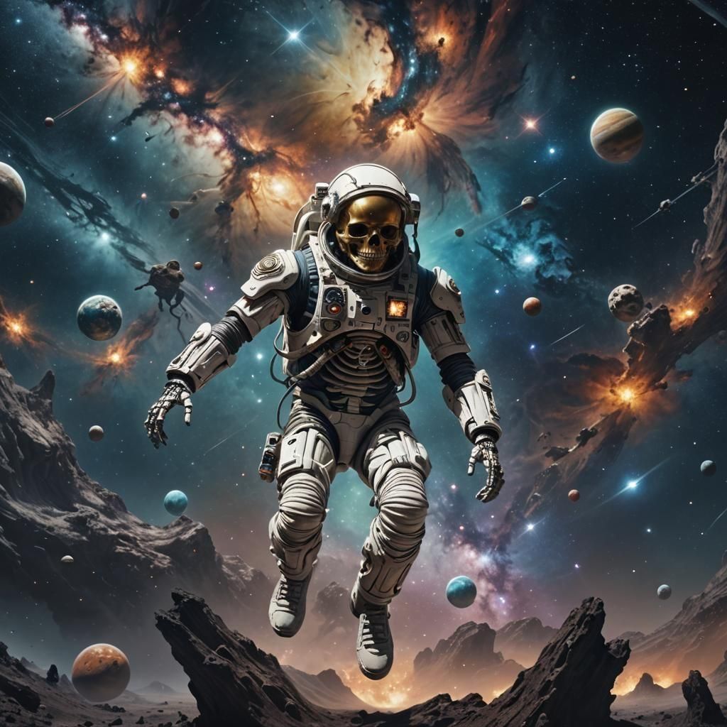 Astronaut Skeleton Floating in Galaxy: Digital Matte Paintin...