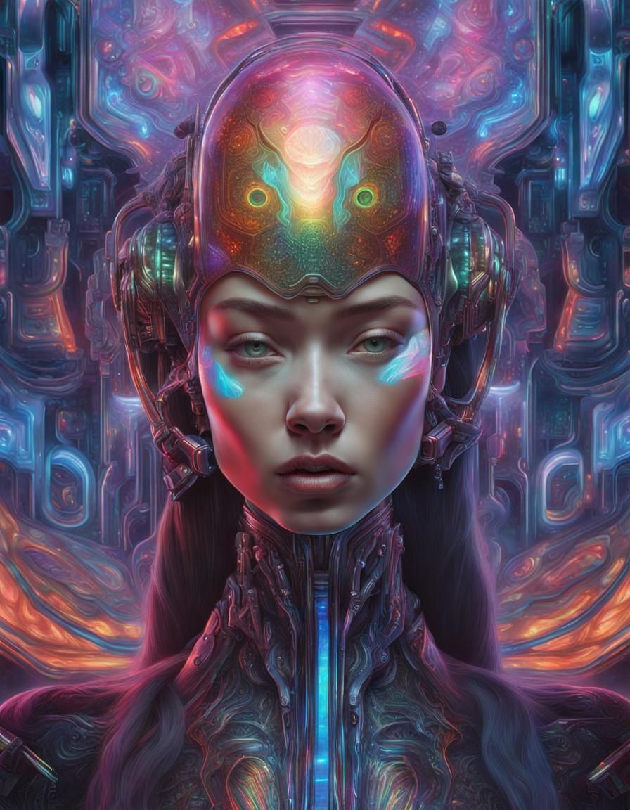 envision a psychedelic organic cyborg encapsulated in hologr...
