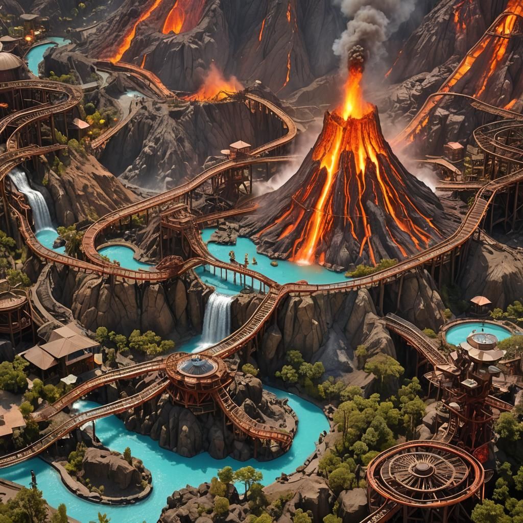 Volcano Theme Park in Simon Stalenhag Style