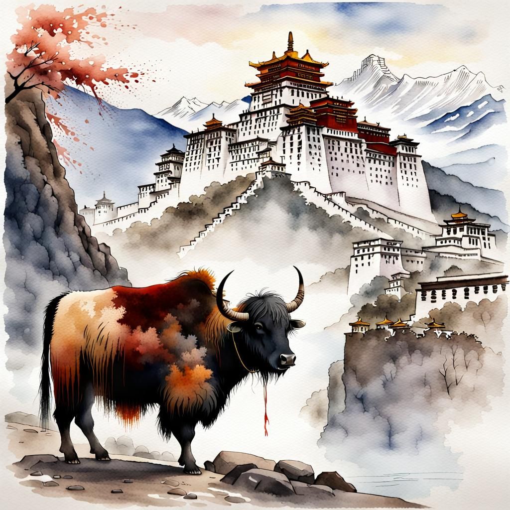 Tibet: Yak at Prayer Mill, Hokusai Style