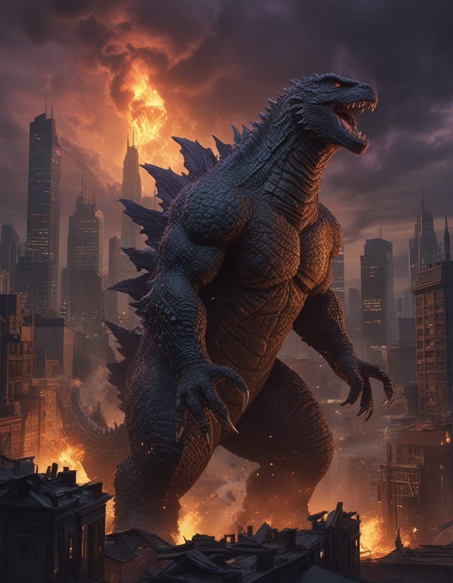 Godzilla in Dark Fantasy Cityscape