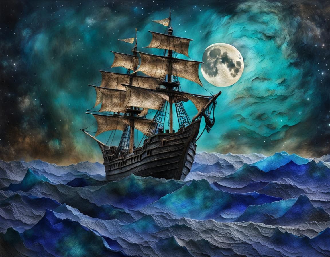 Dark Fantasy Pirate Ship Collage in Mixed Media