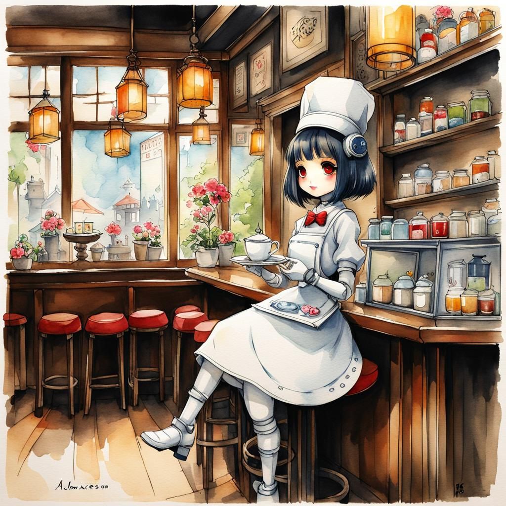 Charming Robot Maid in Café: Watercolor Ink Drawing