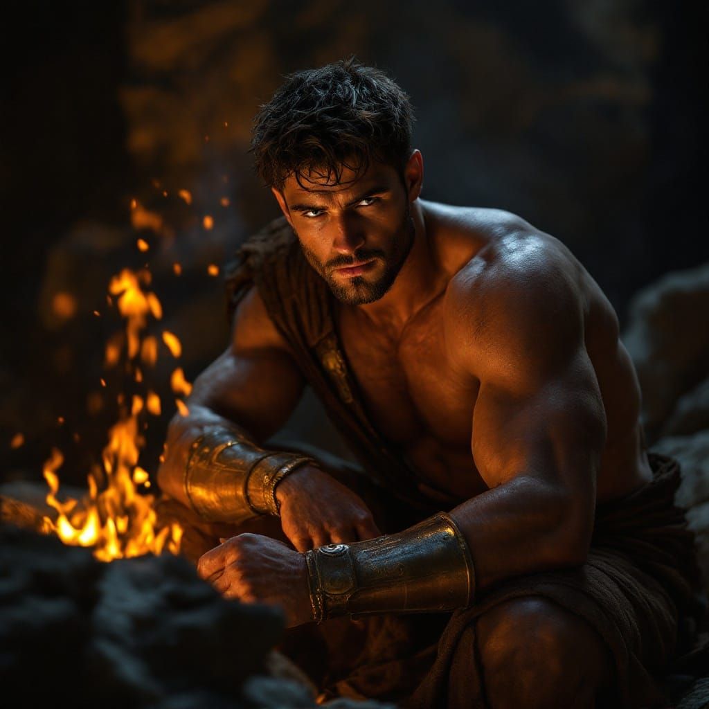Classical Greek Warrior in Warm Campfire Light