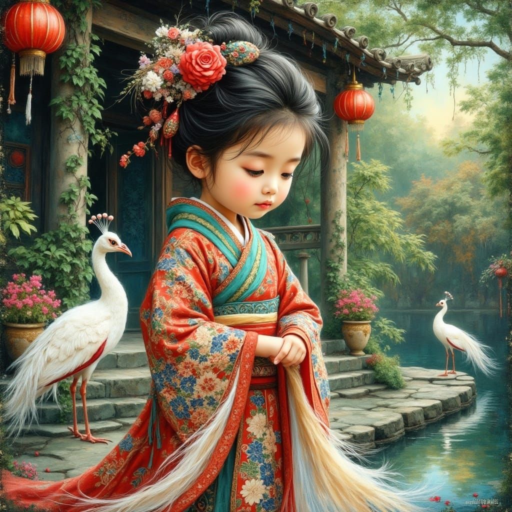 <lora:Beautiful women:0.5>  lora:Beautiful Geisha:1.0 a cute adorable little Asian girl in front of a temple at a reflec...