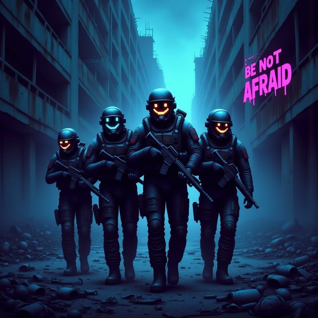 SWAT Team in Cyberpunk Cityscape at Dusk