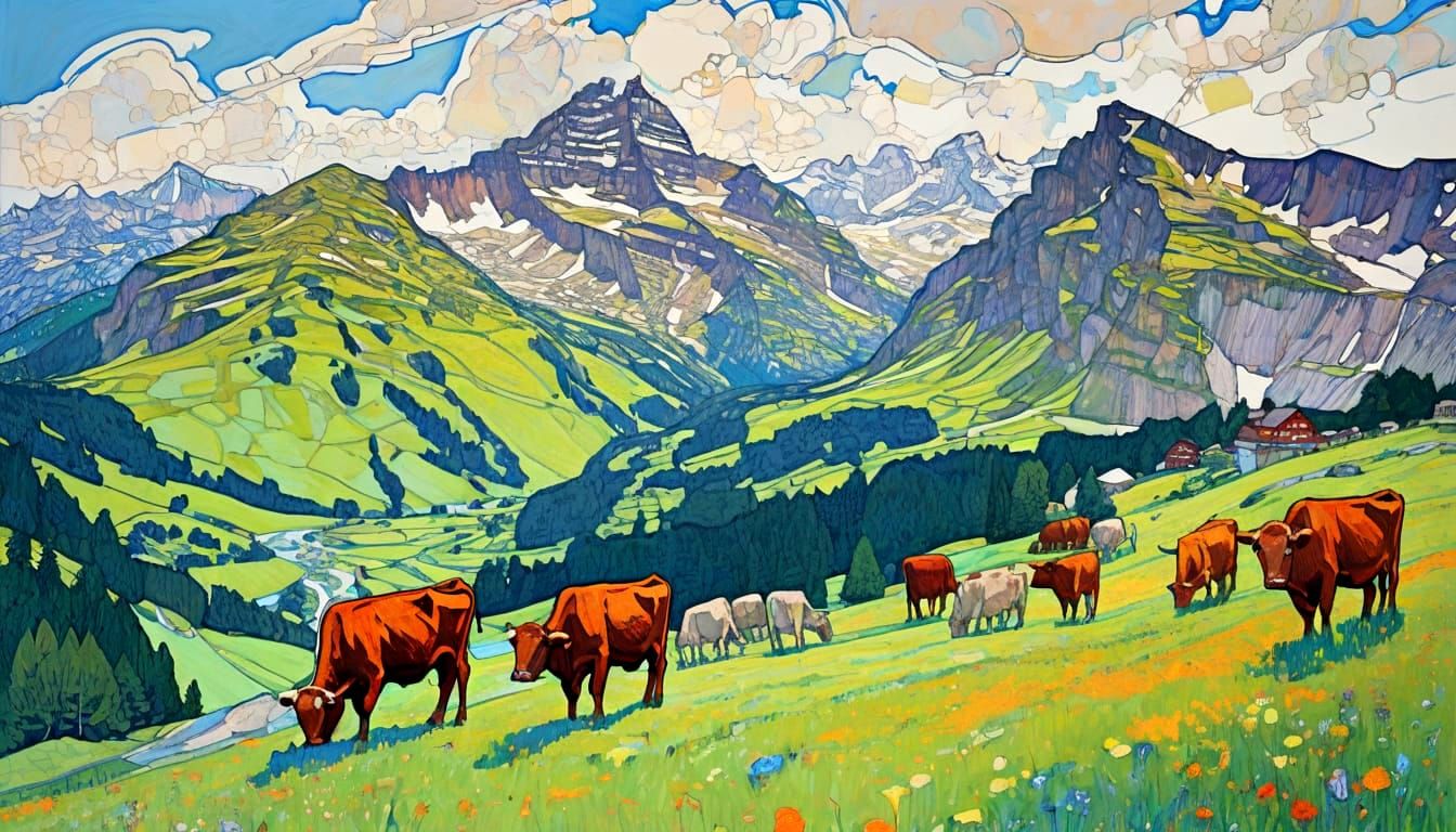 Summertime Grazing Cows in Swiss Alps Landscape