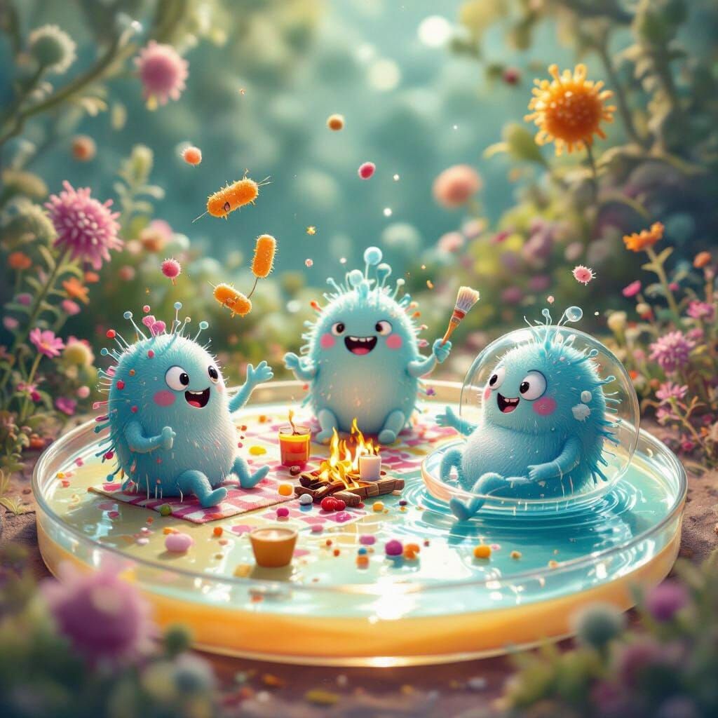 Whimsical Microbes Picnic on Petri Dish in Cartoon Style
