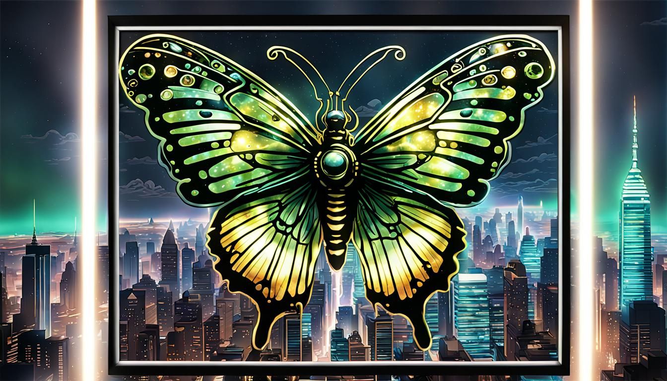 Sci-Fi Butterfly Over Neon City, Detailed Illustration