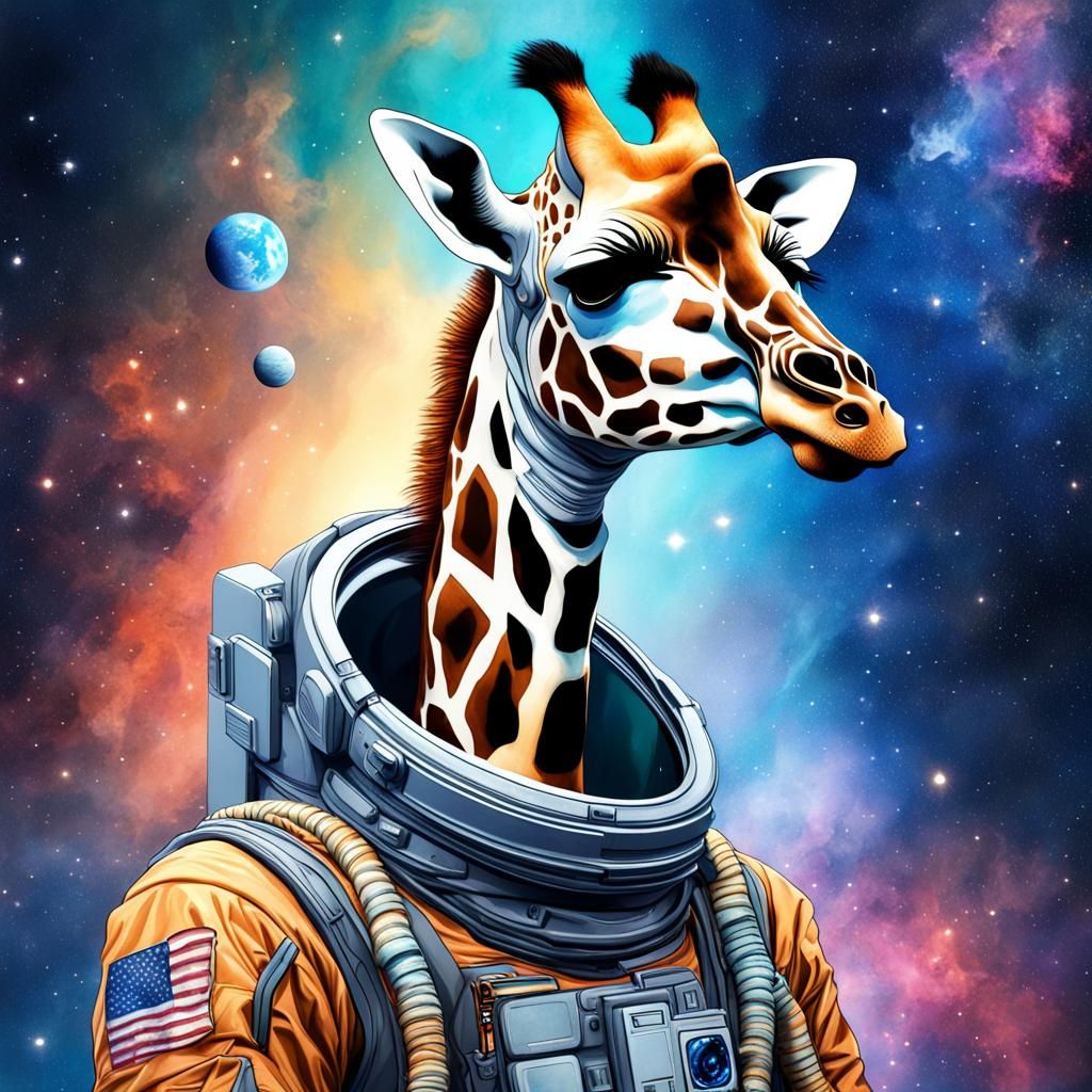 Giraffe as Space Commander in Deep Space, Surreal Watercolor