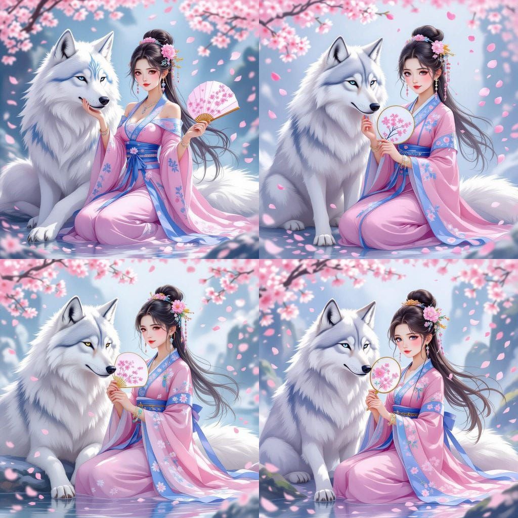 Girl and White Wolf in Chinese Fantasy Watercolor